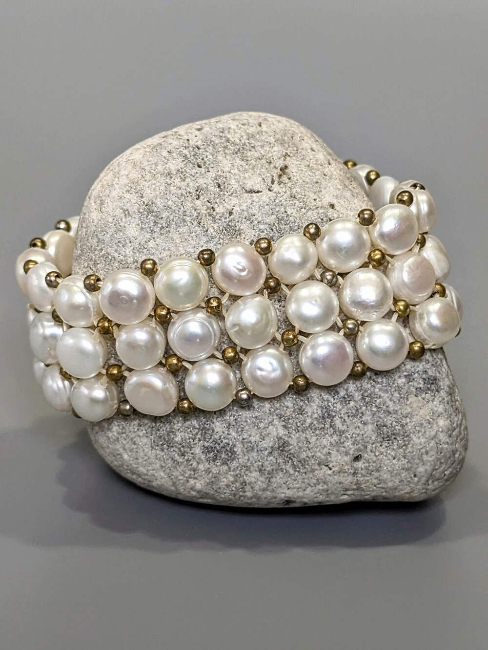 Vintage Vermeil Sterling Silver 3 Row 6.5-8mm Coin Pearl Mesh Cuff Bracelet